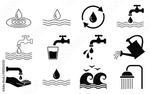Water conservation and usage icons collection