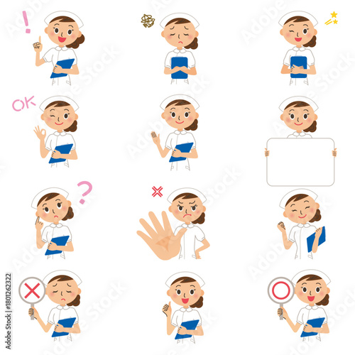 看護婦のホワイトボード、ひらめき、案内、悩む、正解、不正解、頑張る、説明の上半身ポーズ