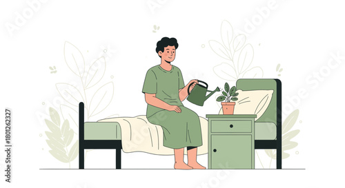 Person Waters Plant Beside Bedside Table Illustration Of Home Wellness And Peace