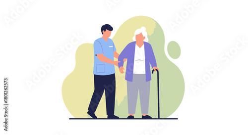 Supporting Elder Caregiver Helping Elderly Woman with a Walking Stick Assistance concept