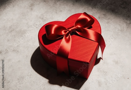 Heart-shaped red gift box with ribbon on textured surface