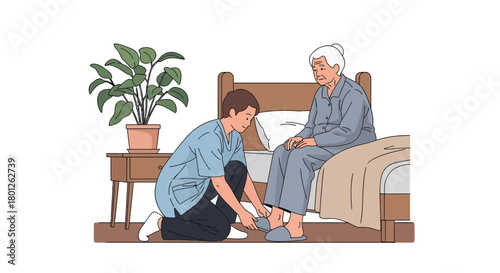 Supporting The Elderly: A Caregiver Assisting an Elderly Person with Footwear