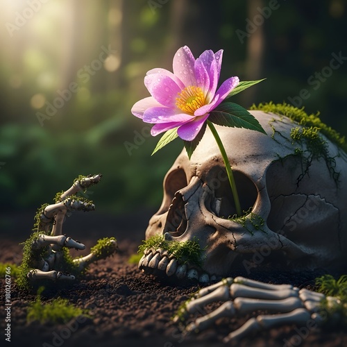 A human skull with a vibrant pink flower growing through the eye socket in a mysterious, natural setting illuminated by soft sunlight