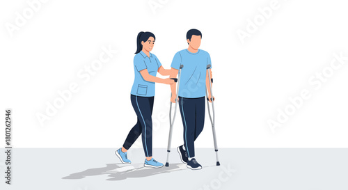 Therapist Assists Patient with Crutches During Physical Rehabilitation Process