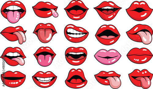 Collection of cartoon lips and mouth expressions with tongues, smiles, kisses, playful red lip icons, fun emotive illustration set