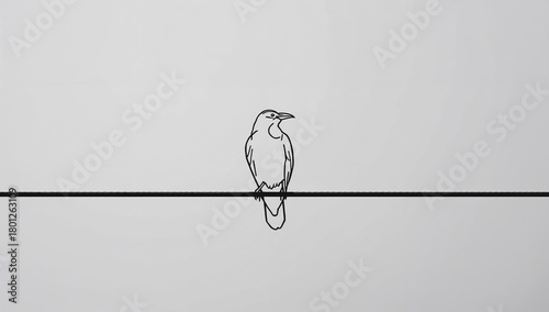 Minimalistic Outline of a Bird Perched on a Wire Against a Gray Background