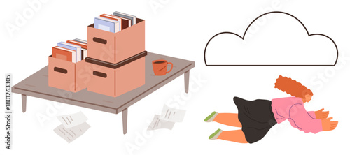 Woman lying face down near stacked boxes on a table, scattered papers. Ideal for stress, burnout, overwhelmed feelings, workload pressure, exhaustion, organization challenges, simple flat metaphor