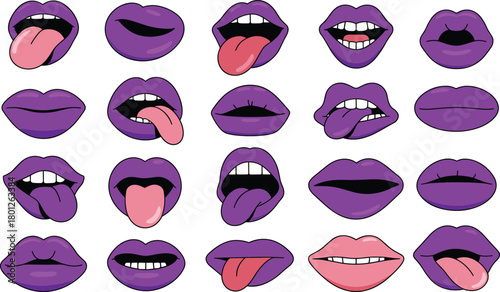 Collection of cartoon lips and mouth expressions with tongues, smiles, kisses, playful red lip icons, fun emotive illustration set