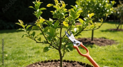 A young, green fruit tree being pruned with orange shears in a sunny garden