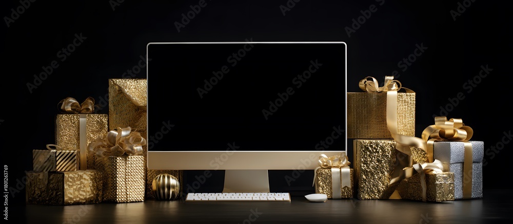 Fototapeta premium PC with blank screen for text among golden Christmas gifts