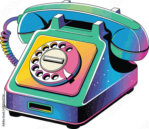 Colorful retro rotary telephone illustration with gradient neon design, vintage communication device, nostalgic classic phone artwork for creative projects