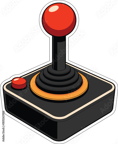 Retro vintage joystick cartoon illustration, classic gaming controller with red button, old-school arcade device, nostalgic video game artwork design