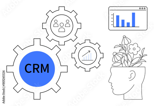 CRM gear, analytics chart, team connection, blooming head symbolizing strategy, growth, creativity. Ideal for business networking, customer management, process optimization innovation marketing