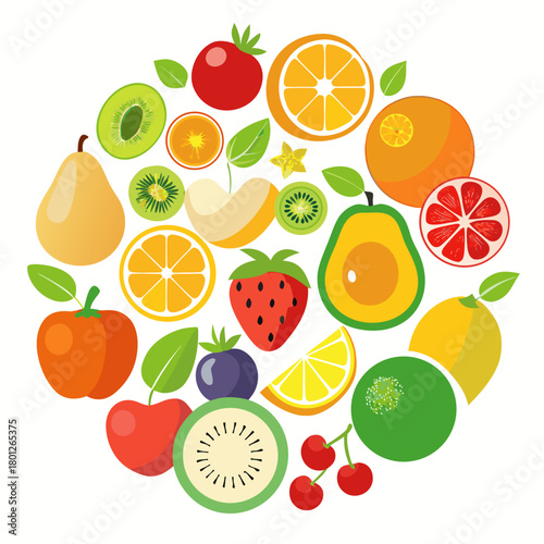 A vibrant, flat illustration of various fruits and berries, including oranges, kiwi, strawberries, and apples, artfully arranged in a circular pattern.