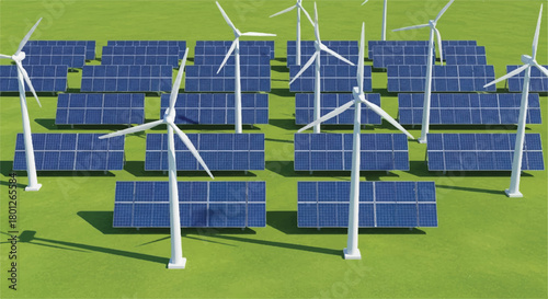 Expansive wind farm with solar panels spanning a green countryside under clear sky.
