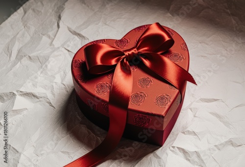 Heart-shaped gift box with red ribbon on crinkled paper background
