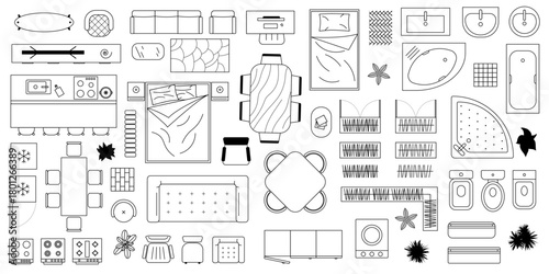 Minimalist interior icons with modern home objects. Furniture outline top view. CAD