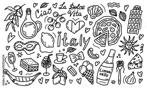 Hand drawn Italy travel doodle set with iconic symbols