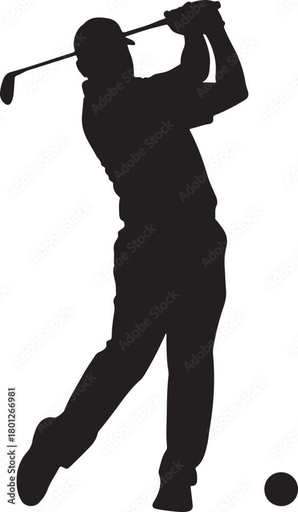 Obraz premium Black silhouette of a male golfer swinging a club at a golf ball black and white