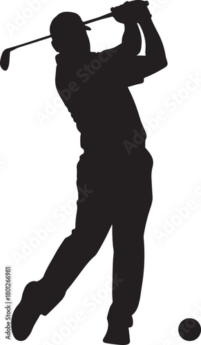 Black silhouette of a male golfer swinging a club at a golf ball black and white
