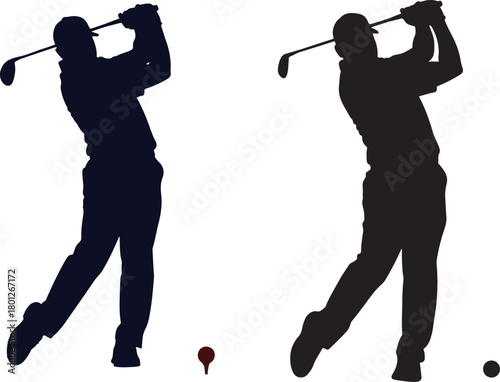 Two Silhouette Golf Players Swinging Clubs on White Background golfer