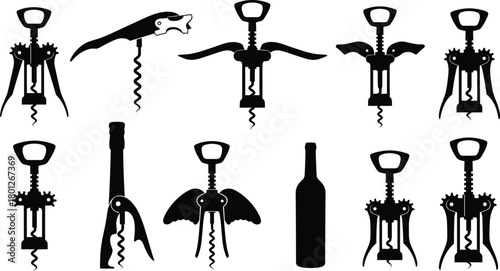 Corkscrew, silhouette, wine opener, vintage tool, black icon, bottle, mechanical, collection, isolated, vector, classic, barware, sommelier, utensil, opener, graphic, alcohol, equipment