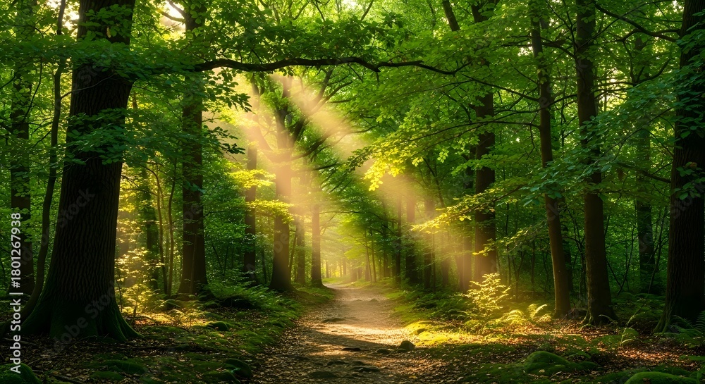 Fototapeta premium Sunlight streaming through the trees onto a forest path
