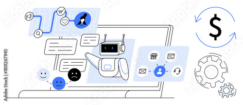 Robot chatbot on laptop screen managing workflows, analyzing customer feedback, and supporting financial operations. Ideal for AI, automation, customer service, finance, technology, innovation user