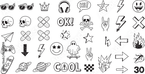 Collection of black and white grunge and graffiti style icons and symbols on white background