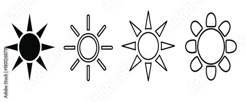 Four stylized sun shapes showing progression from solid black to outline and abstract forms