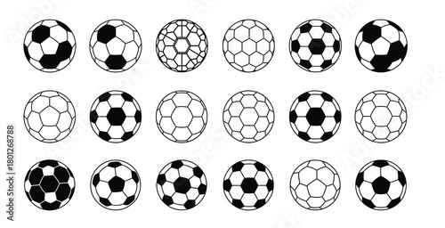Collection of hand drawn soccer balls in various styles and patterns on a white background