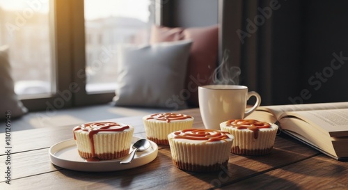 Wallpaper Mural Four individual cheesecakes drizzled with caramel sauce, arranged on a wooden table near a steaming cup of coffee and an open book Torontodigital.ca