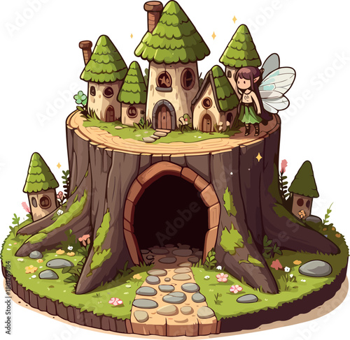 Enchanted Tree Stump Fairy House with Tiny Dweller
