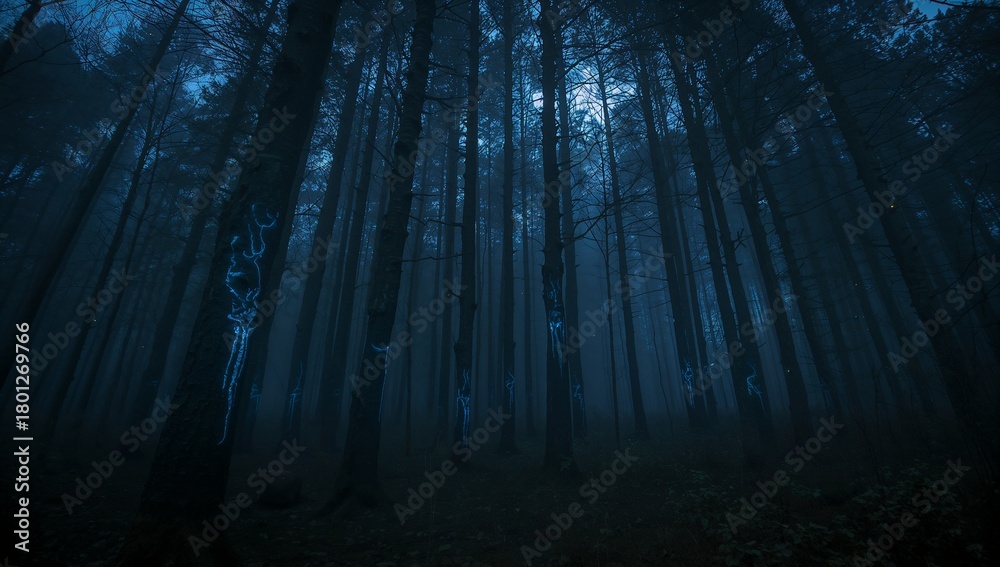 Fototapeta premium Enigmatic Forest Scene with Ethereal Glow in Foggy Atmosphere