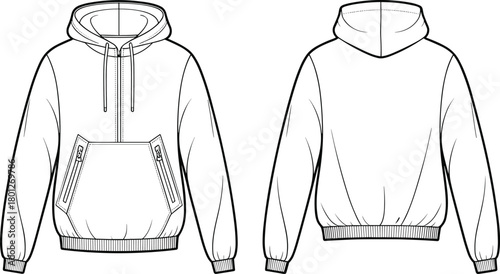 Unisex hoodie technical flat sketch with drawstring hood and zipper pocket details, modern casual fashion apparel cad drawing vector illustration