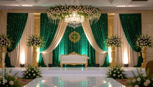 Modern emerald green and gold Bangladeshi wedding stage with velvet drapes and luxury florals