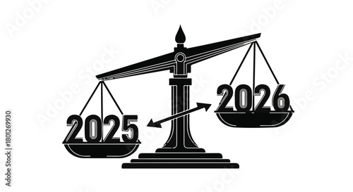 Balance scale showing 2025 weighing against 2026, symbolizing the transition to a new year.