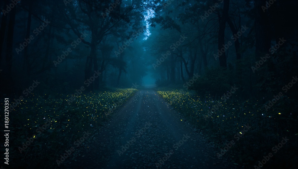 Fototapeta premium Enchanted Pathway Through a Dark Forest with Glowing Fireflies at Night