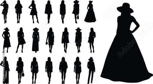 Fashion silhouettes, elegant women, stylish poses, vintage outfits, black dress, hat fashion, glamour concept, feminine style, illustration, vector art