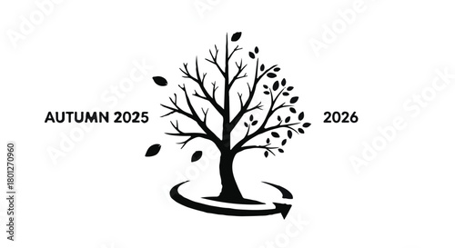 Tree symbolizes the cyclical passage of time from autumn 2025 to autumn 2026, with falling leaves.