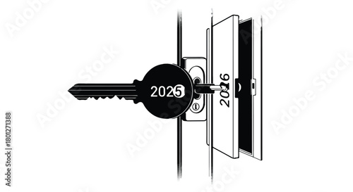 Key turning in lock to unlock the new year, symbolizing progress and future.