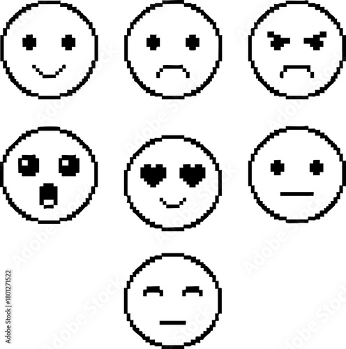 Collection of pixelated emoticons displaying various emotions like happiness, sadness, anger, surprise, love, neutrality, and contentment