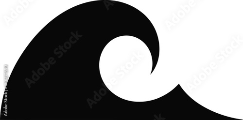 Abstract minimalist black ocean wave illustration on a clean white background, capturing the powerful motion and dynamic curve of water in a simple, iconic design element, ideal for nautical themes