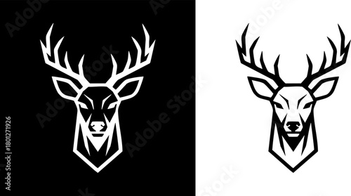 Elegant and powerful stag head mascot logo with prominent antlers, a geometric vector icon for branding, isolated on black and white backgrounds