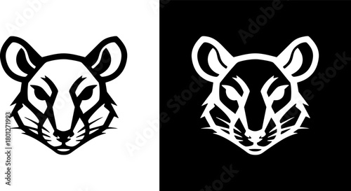 Bold minimalist rat head logo in black and white, a sleek vector illustration perfect for modern branding or as a distinctive graphic emblem. Conveys intelligence and agility