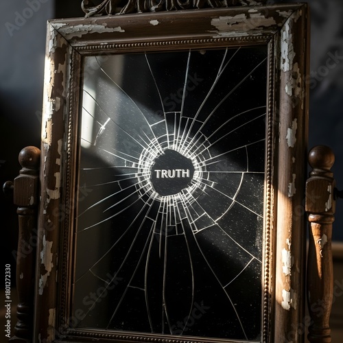 A cracked mirror with a spiderweb pattern and the word 'TRUTH' at the center, symbolizing the fragility and complexity of honesty and perception