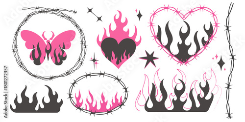 Set of illustrations featuring a butterfly, heart and fire flame in different shapes surrounded by barbed wire