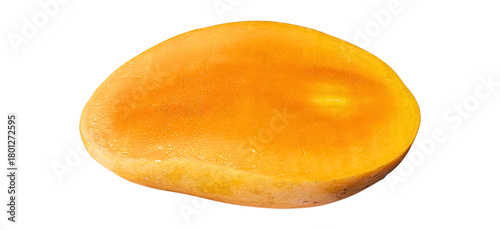 Photo of a ripe mango sliced into a half piece with vibrant yellow flesh on a transparent background, perfect for culinary design, food elements, and modern digital graphics