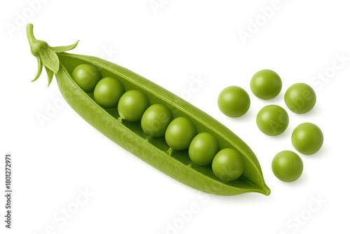 Fresh green peas in an opened pod with loose peas, creating a vibrant organic vegetable food ingredient
