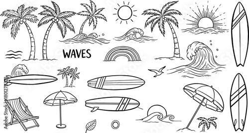 Black and white sketch of tropical beach scene with surfboards palm trees and ocean waves